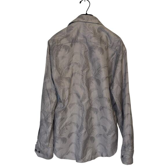 Bugatchi Uomo Gray Palm Tree Leaves Flip Cuff Button Up Long Sleeve Shirt Size M - Picture 3 of 13